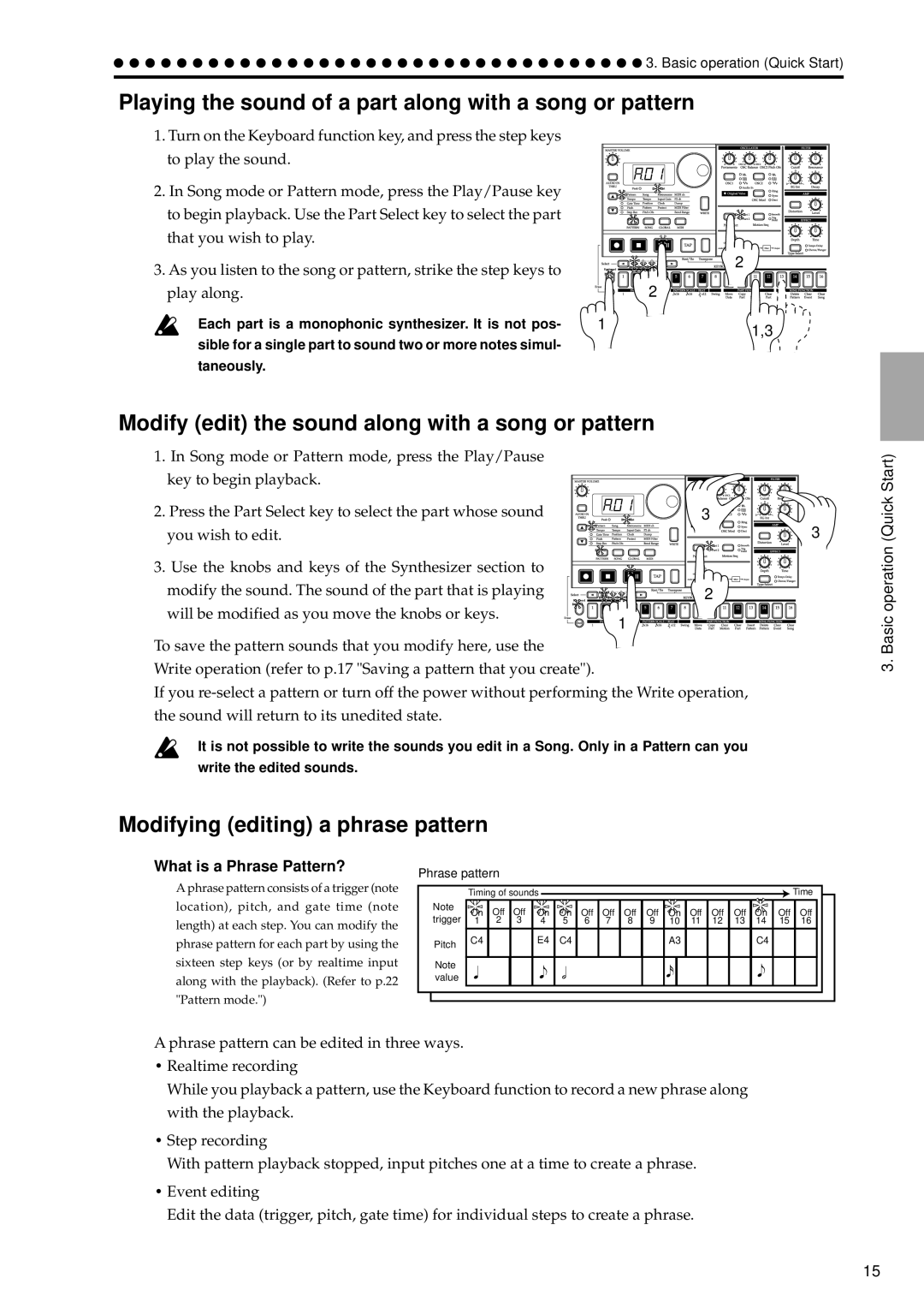 Korg EA-1 Playing the sound of a part along with a song or pattern, Modify edit the sound along with a song or pattern 