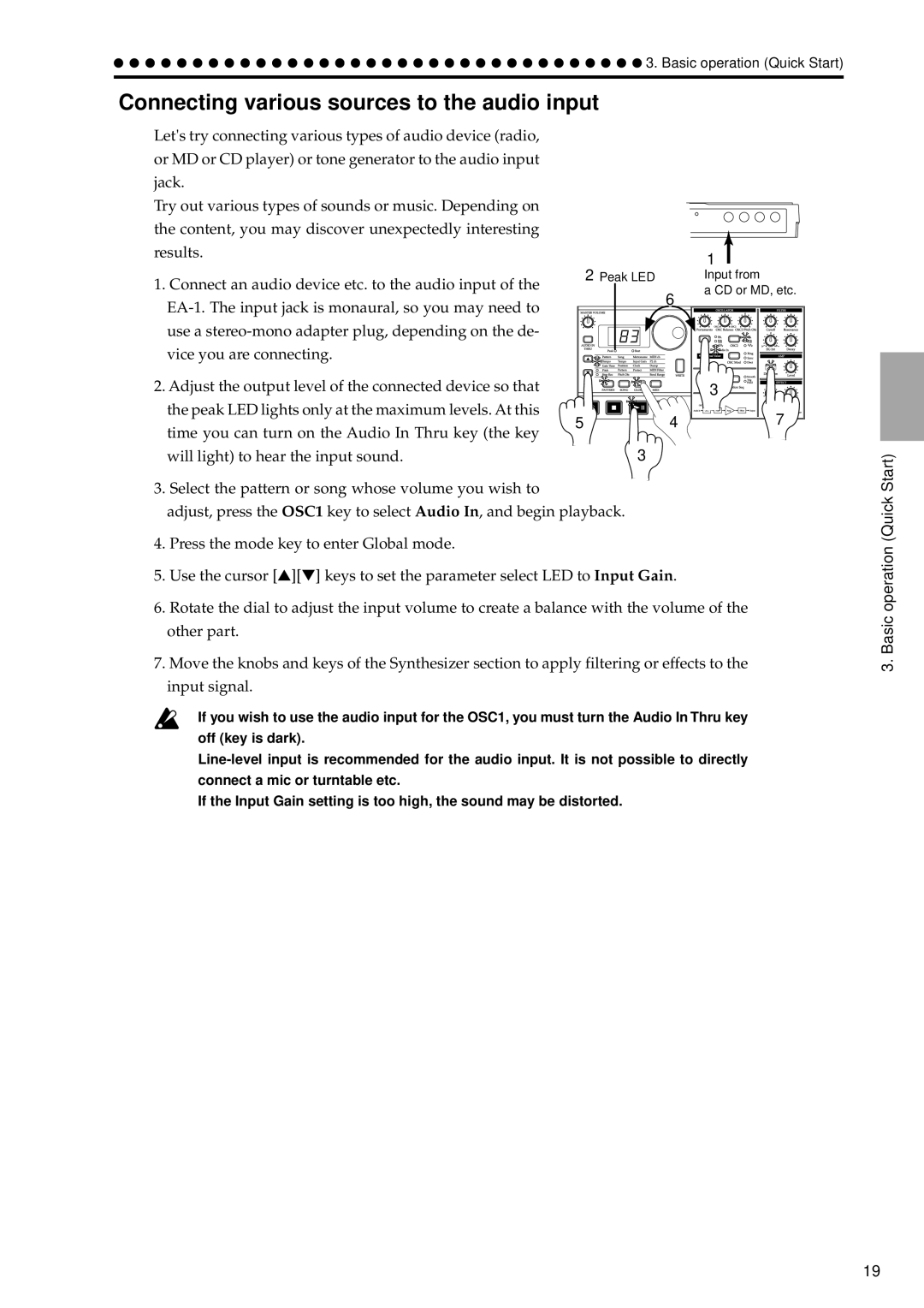 Korg EA-1 manual Connecting various sources to the audio input, Basic operation Quick 