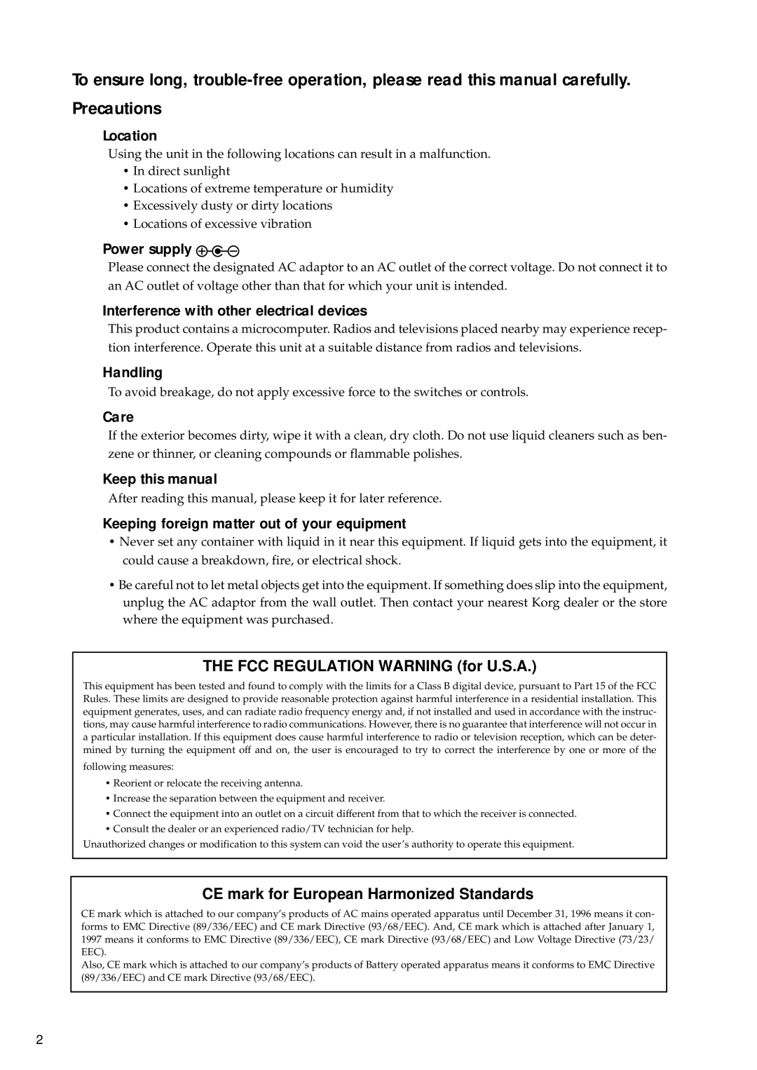 Korg EA-1 manual FCC Regulation Warning for U.S.A, CE mark for European Harmonized Standards 