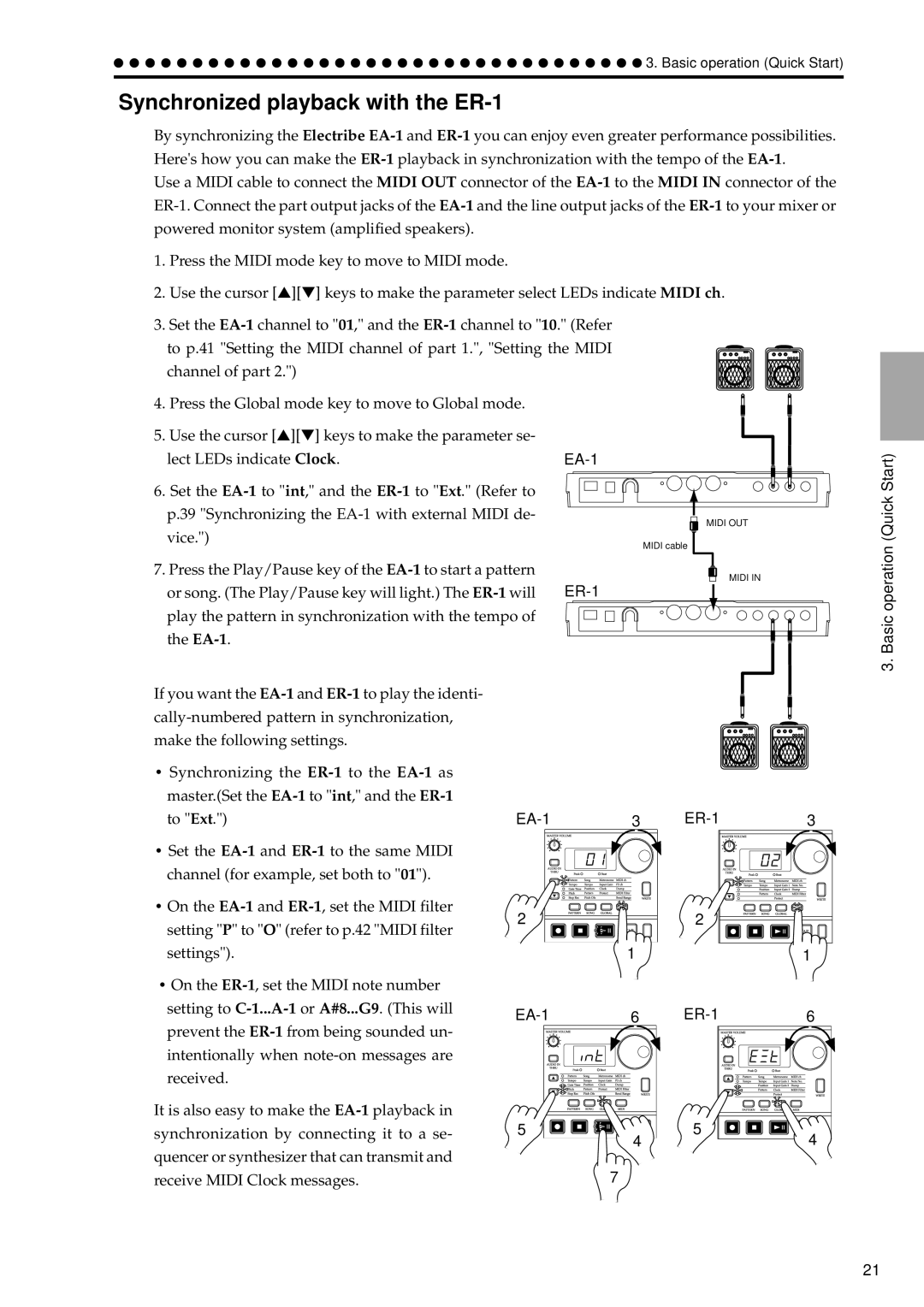 Korg manual Synchronized playback with the ER-1, ER-1 Basic operation Quick Start, EA-1 ER-1 