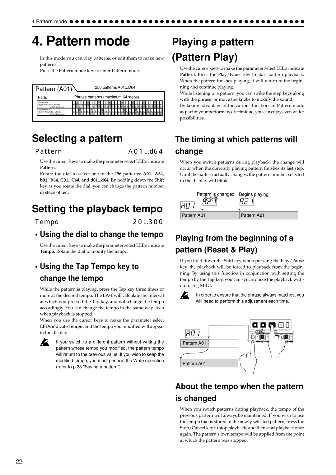 Korg EA-1 manual Pattern mode, Playing a pattern Pattern Play, Selecting a pattern, Setting the playback tempo 