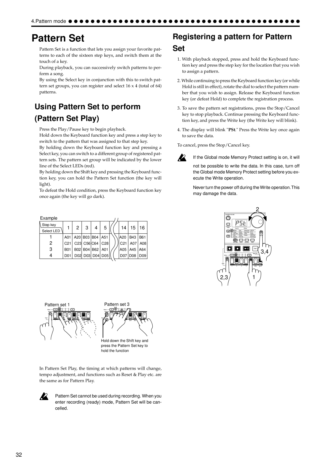 Korg EA-1 manual Using Pattern Set to perform Pattern Set Play, Registering a pattern for Pattern Set 