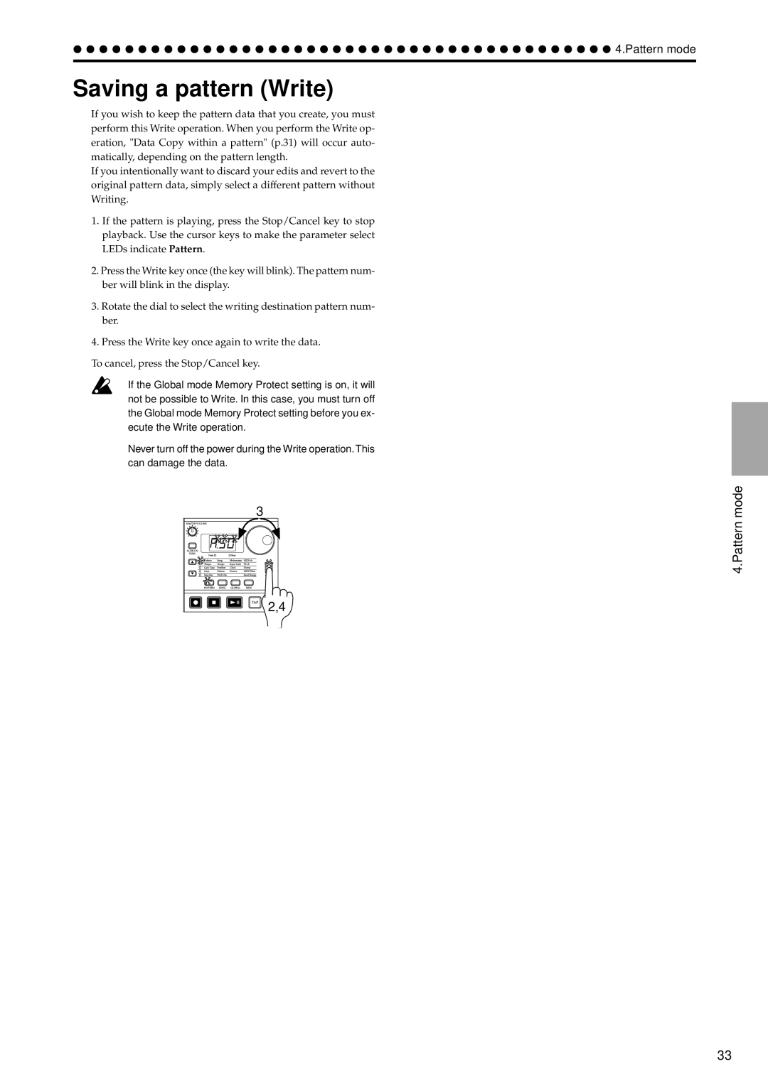 Korg EA-1 manual Saving a pattern Write 