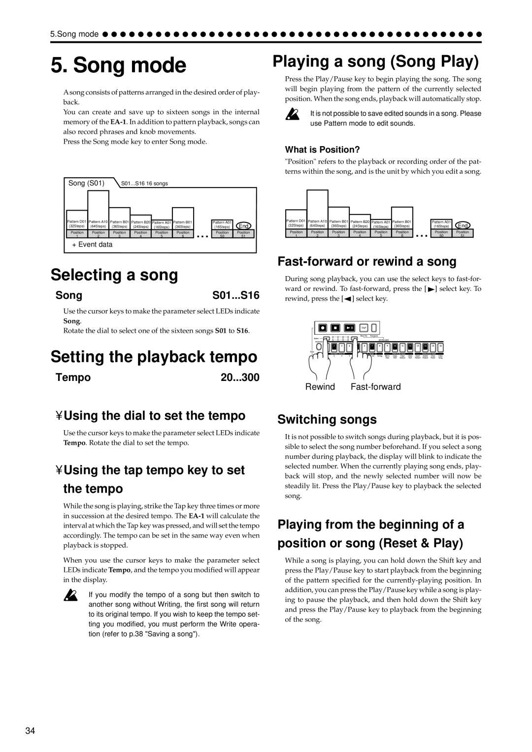 Korg EA-1 manual Song mode, Selecting a song, Playing a song Song Play 