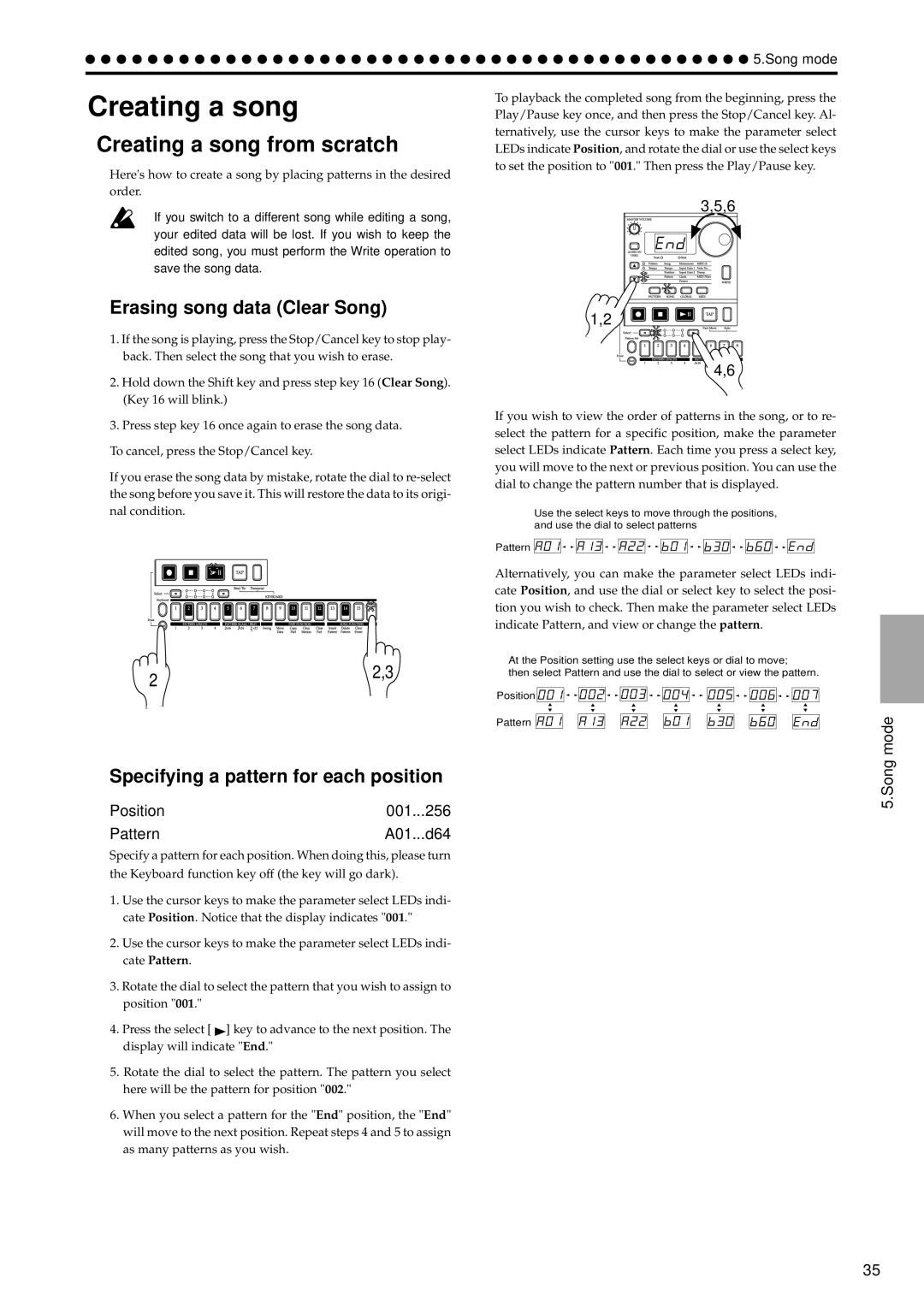 Korg EA-1 manual Creating a song from scratch, Erasing song data Clear Song, Specifying a pattern for each position 