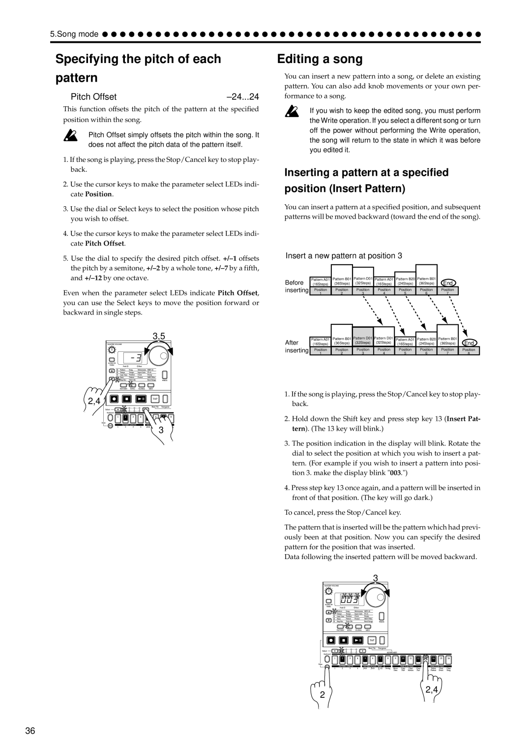 Korg EA-1 Specifying the pitch of each Pattern, Editing a song, Inserting a pattern at a specified Position Insert Pattern 