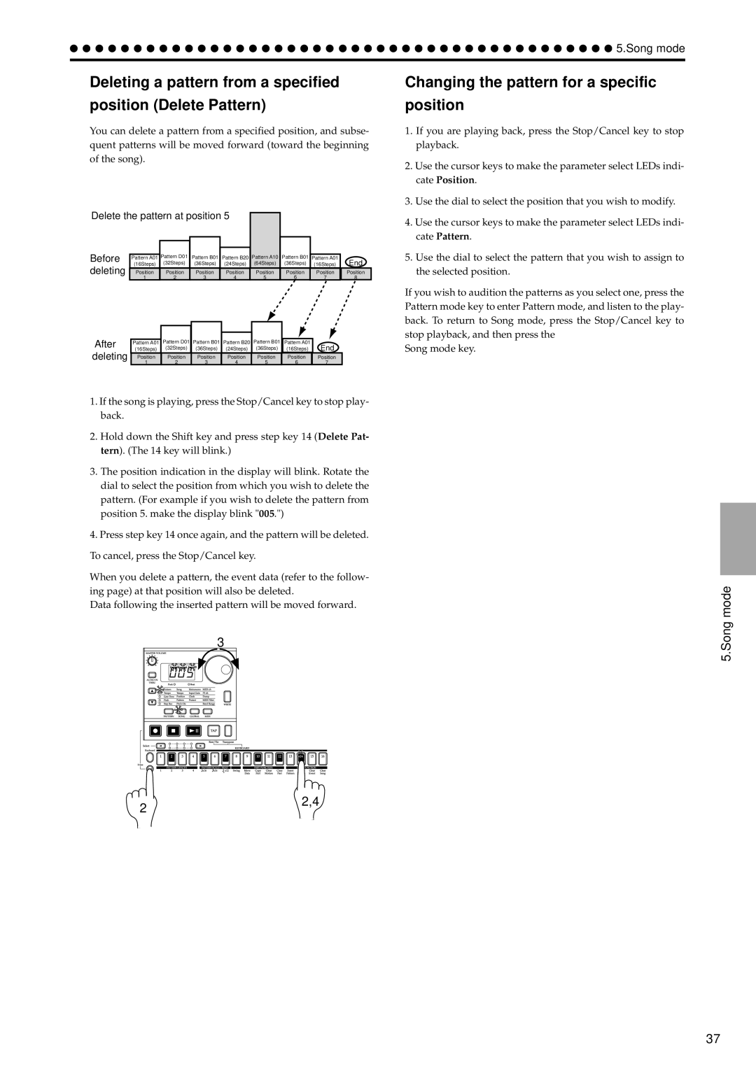 Korg EA-1 manual Deleting a pattern from a specified Position Delete Pattern, Changing the pattern for a specific Position 