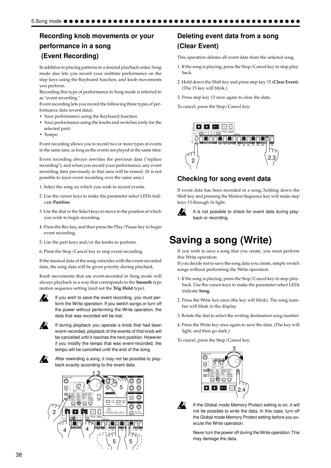 Korg EA-1 manual Saving a song Write, Deleting event data from a song Clear Event, Checking for song event data 