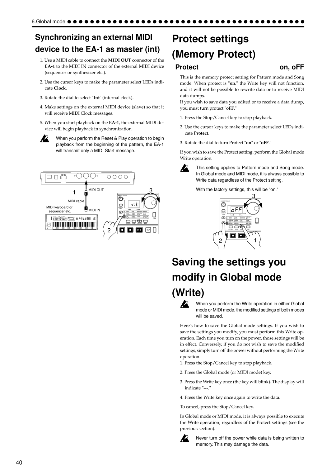 Korg EA-1 manual Protect settings Memory Protect, Saving the settings you Modify in Global mode Write, Protect On, oFF 