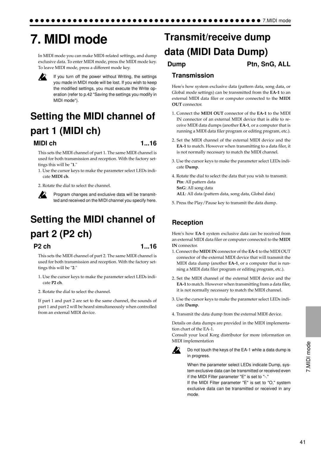 Korg EA-1 manual Midi mode, Setting the Midi channel Part 1 Midi ch, Transmit/receive dump Data Midi Data Dump 