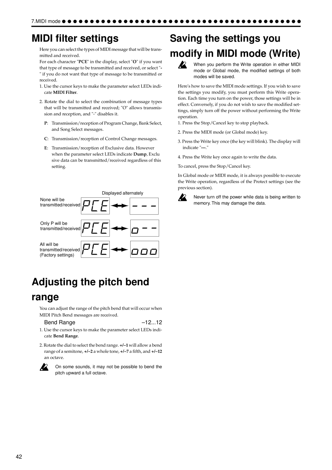 Korg EA-1 manual Midi filter settings, Saving the settings you Modify in Midi mode Write, Adjusting the pitch bend Range 