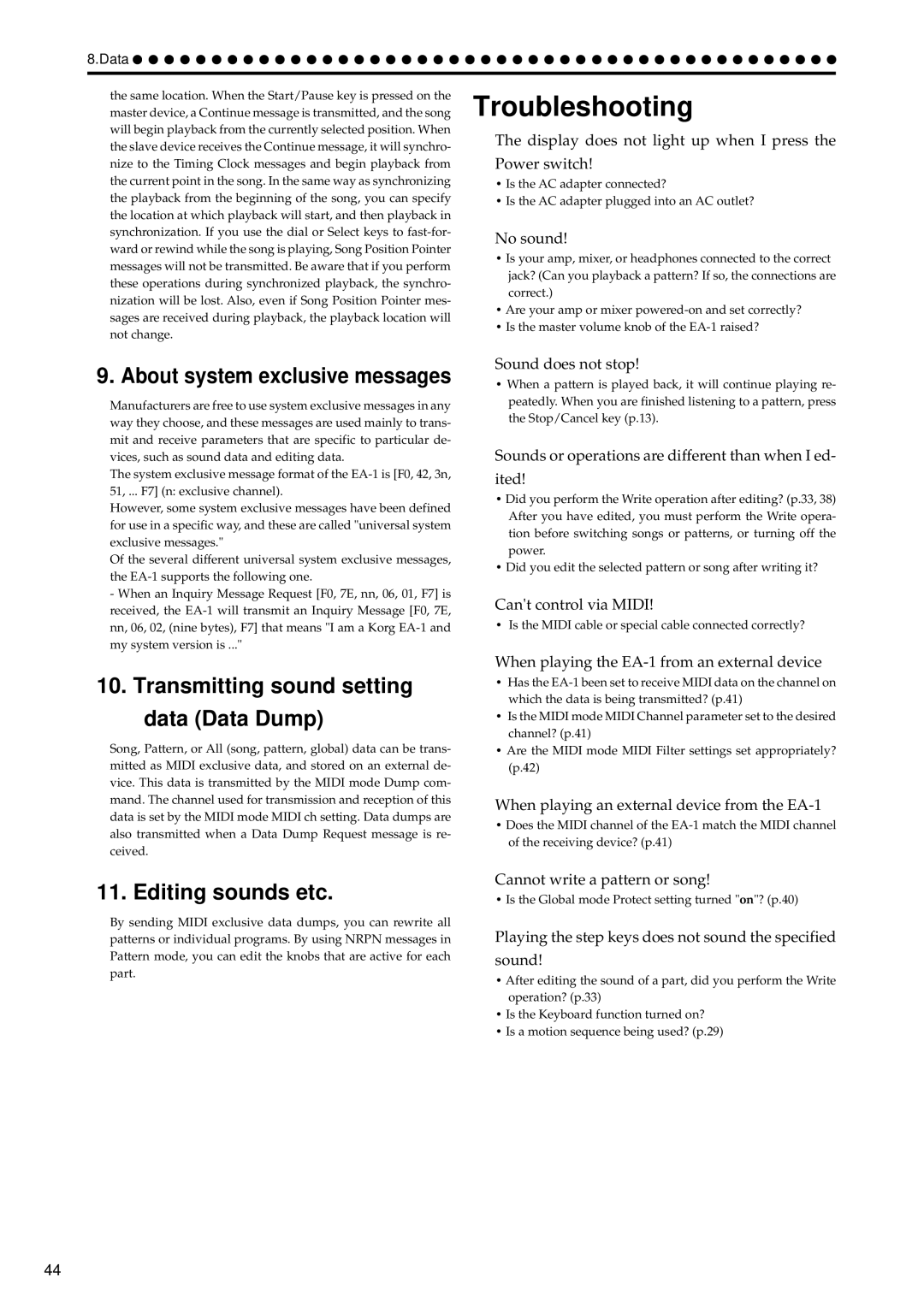 Korg EA-1 Troubleshooting, About system exclusive messages, Transmitting sound setting Data Data Dump, Editing sounds etc 