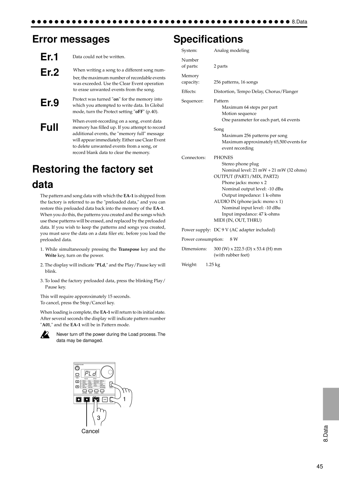 Korg EA-1 manual Error messages Er.1, Er.2, Er.9, Full, Restoring the factory set Data, Specifications 