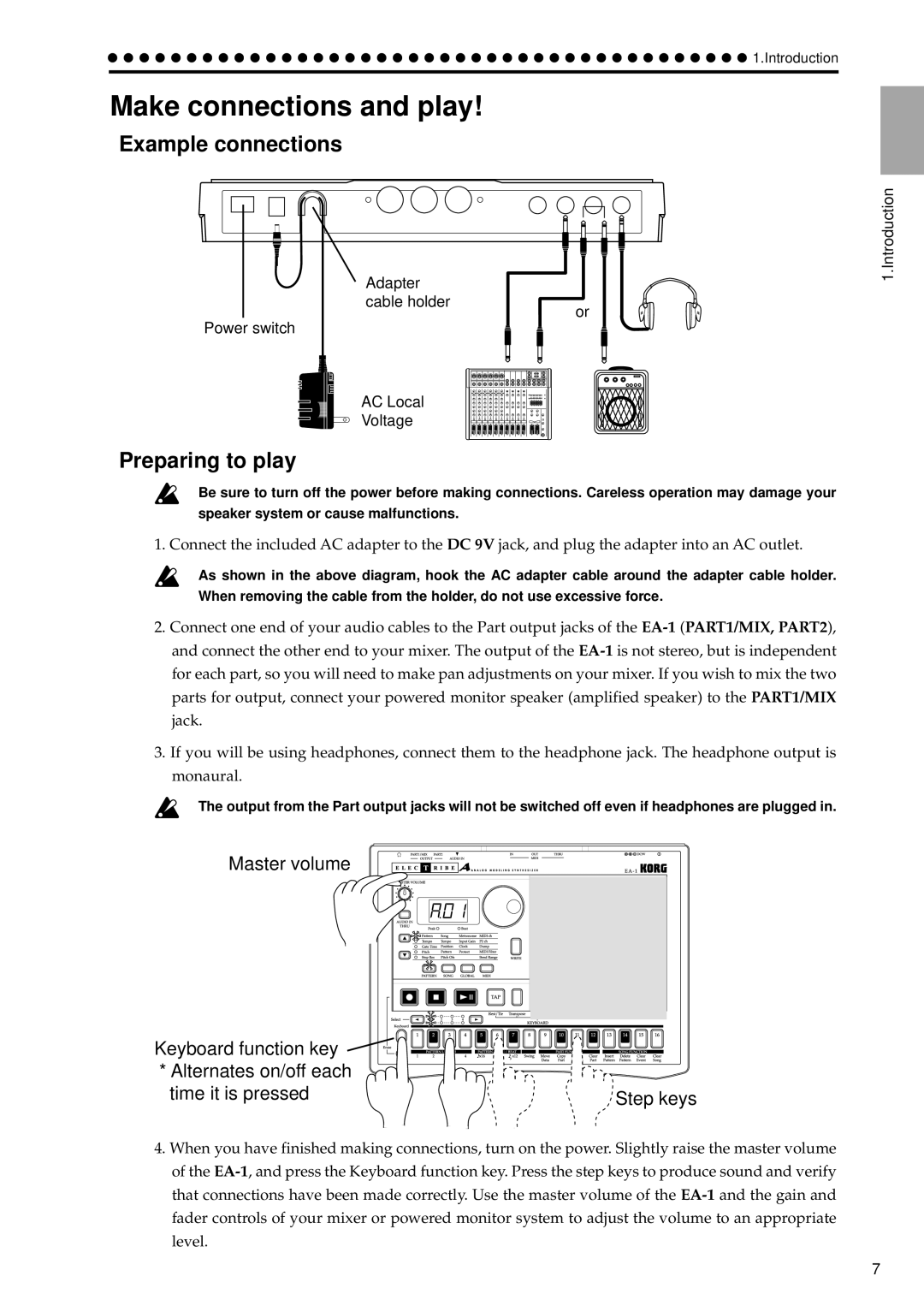 Korg EA-1 manual Make connections and play, Example connections, Preparing to play, Introduction 