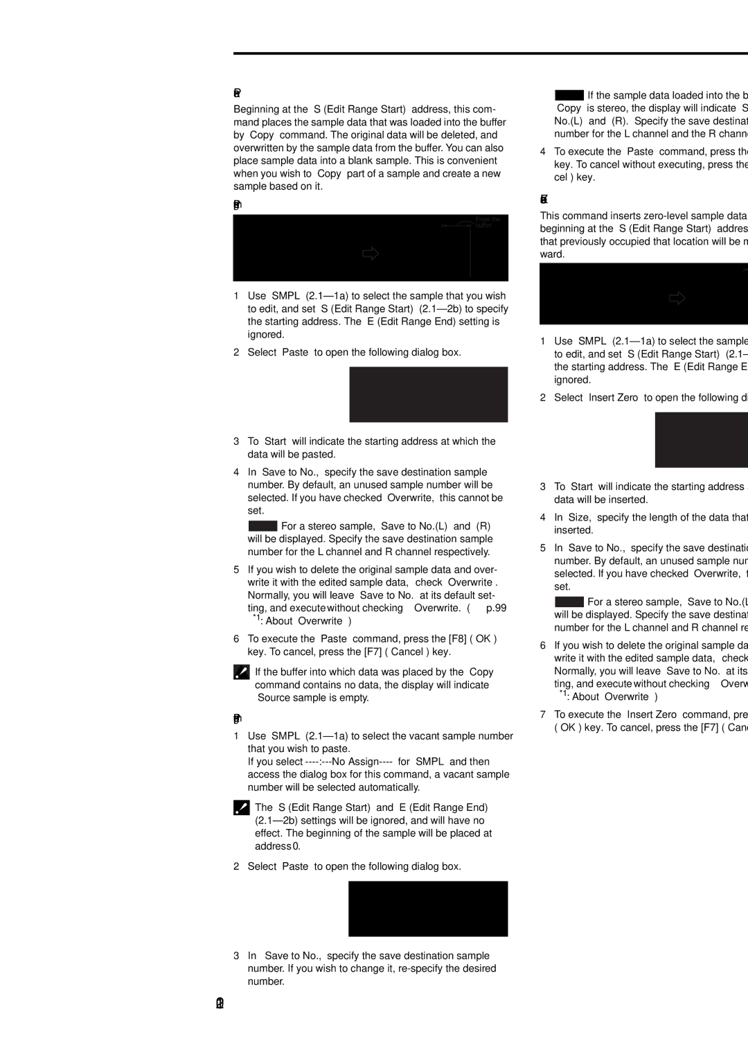 Korg Electric Keyboard manual 102, Paste, Insert Zero, Pasting to a sample that contains sample data 