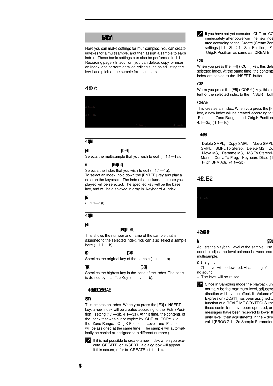 Korg Electric Keyboard manual Smpl 4.1 Multisample, 116, 1a MS, Index, Keyboard & Index, 1c INSERT, CUT, COPY, Create 