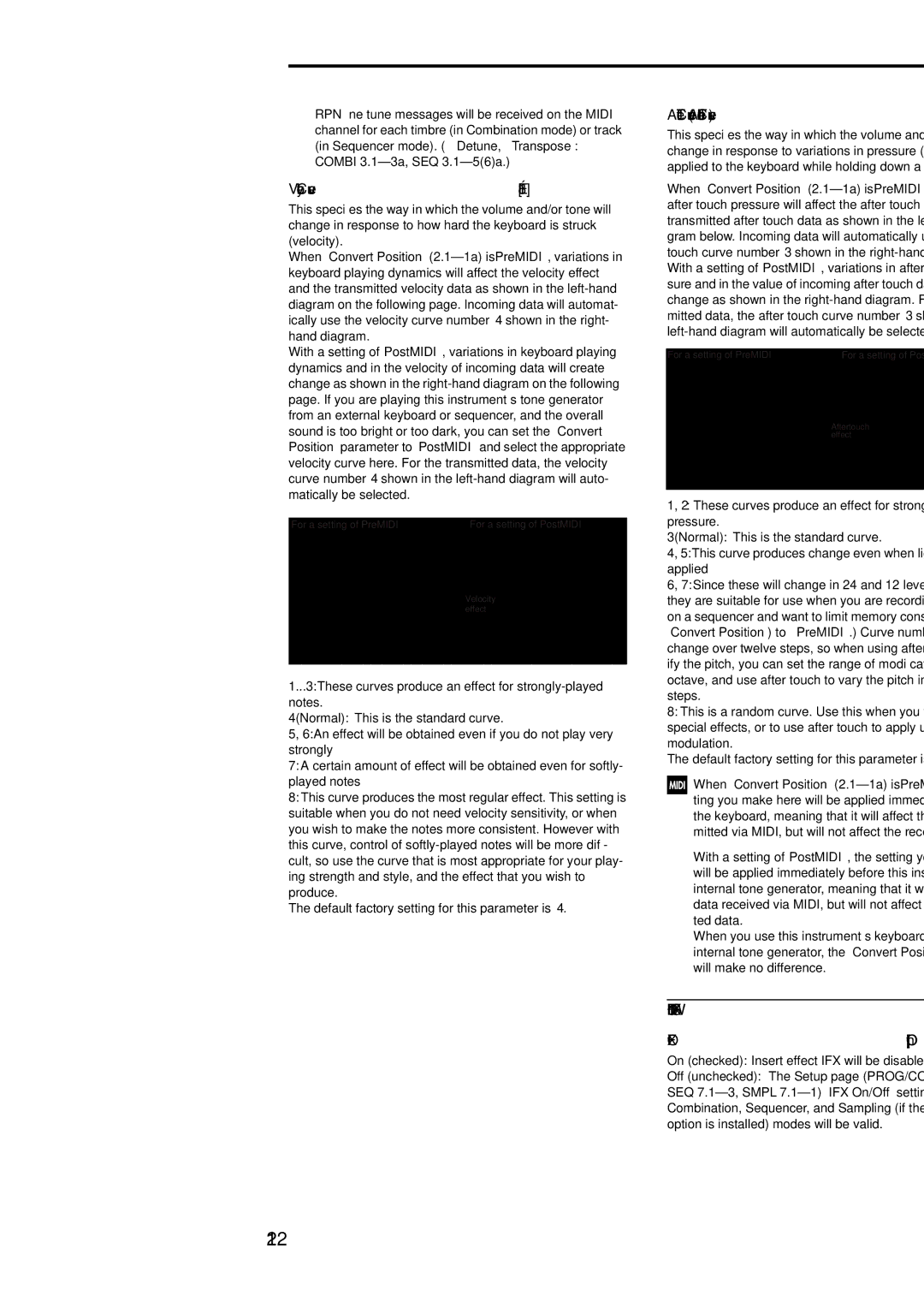 Korg Electric Keyboard manual 122, 1b FX SW, Velocity Curve, AfterT Curve AfterTouch Curve, IFX Off Off, On 