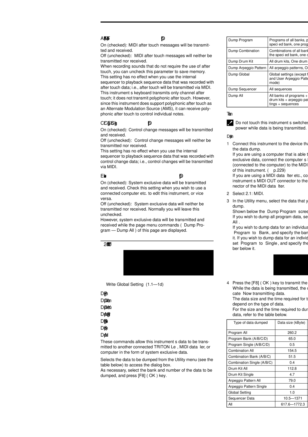 Korg Electric Keyboard manual 129, AfterT After Touch Off, On, Ctrl Change Control Change Off, On, Exclusive Off, On 