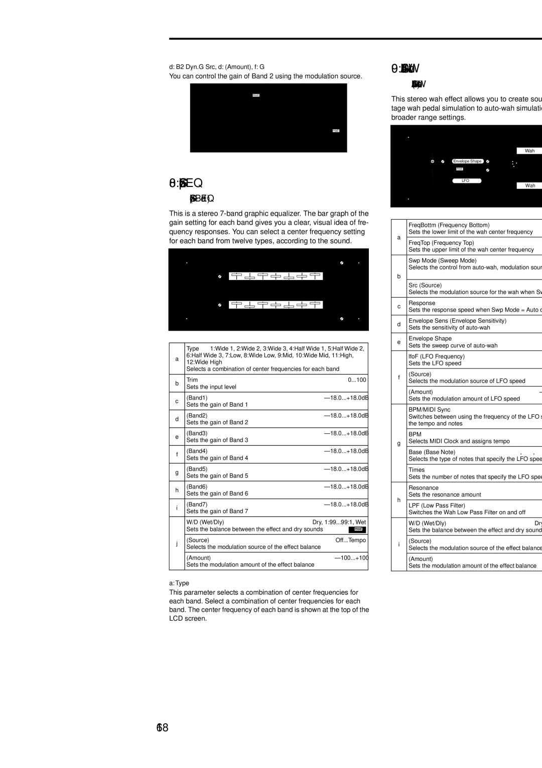 Korg Electric Keyboard manual 08 St.Graphic7EQ, 09 St.Wah/AutoW, 168, Stereo Graphic 7-Band EQ, Stereo Wah/Auto Wah 