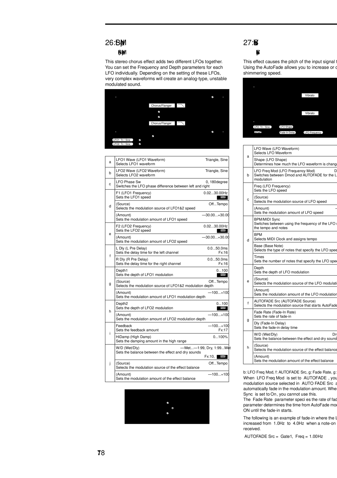 Korg Electric Keyboard manual 26 St.BiphaseMod, 27 St.Vibrato, 178, Stereo Biphase Modulation, Stereo Vibrato 