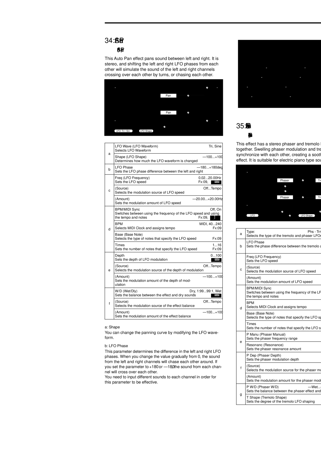 Korg Electric Keyboard manual 34 St.Auto Pan, 35 St.Phasr+Trml, 183, Stereo Auto Pan, Stereo Phaser + Tremolo 