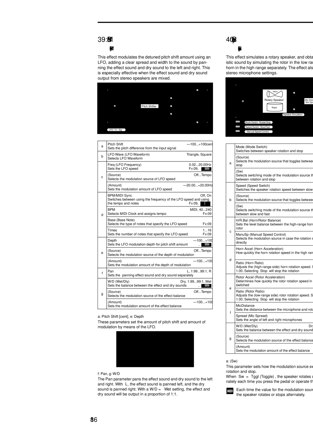 Korg Electric Keyboard manual PitchShft Mod, Rotary SP, 186, Pitch Shift Modulation, Rotary Speaker 