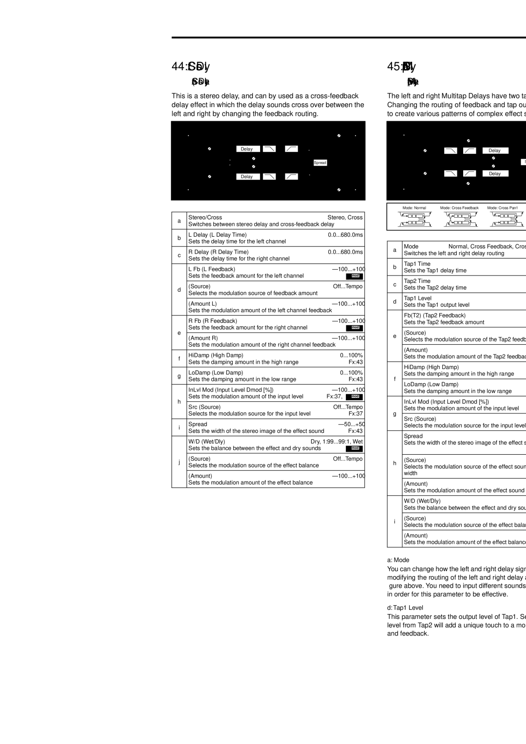 Korg Electric Keyboard manual 44 St/Cross Dly, 45 St.MltTap Dly, 189, Stereo/Cross Delay, Stereo Multitap Delay 