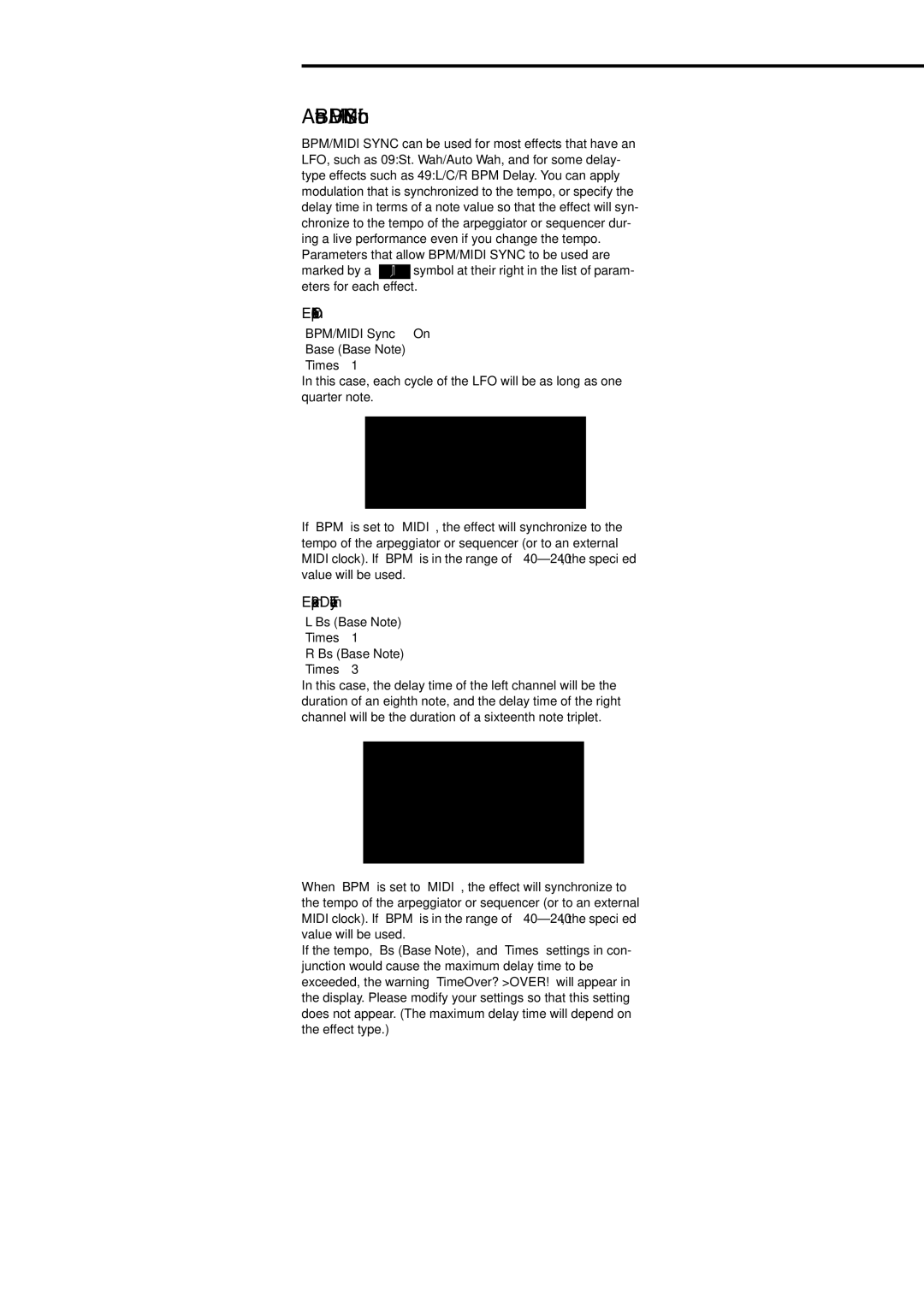 Korg Electric Keyboard manual About the BPM/MIDI Sync function, 219, Example 1. LFO, Example 2. Delay Time 