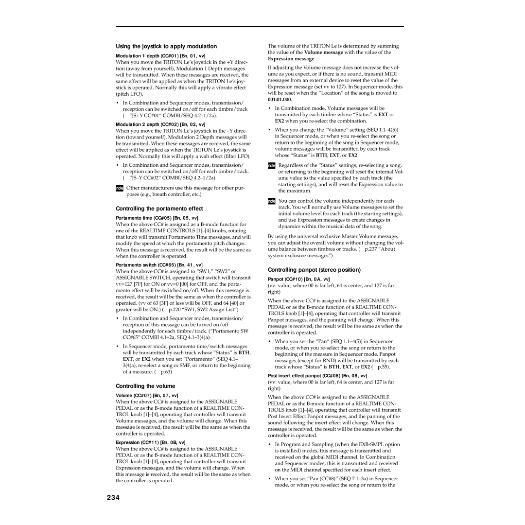 Korg Electric Keyboard manual 234, Using the joystick to apply modulation, Controlling the portamento effect 