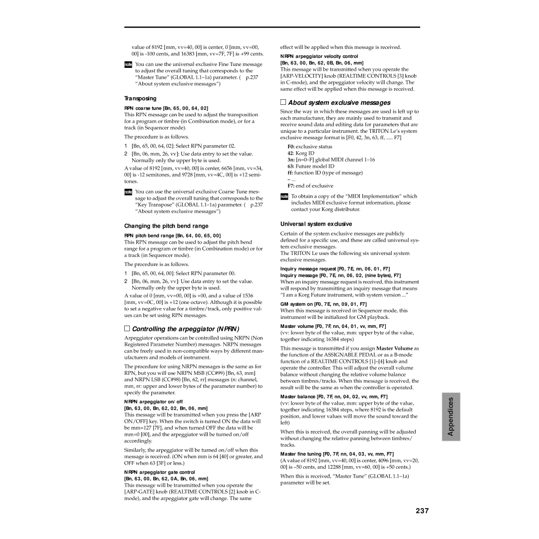 Korg Electric Keyboard manual 237, Transposing, Changing the pitch bend range, Universal system exclusive 