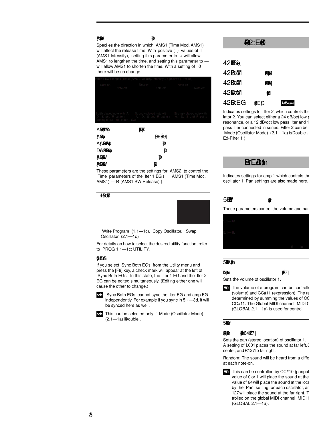 Korg Electric Keyboard manual Prog 4.2 Ed-Filter2, Prog 5.1 Ed-Amp1, 1 Lvl/Pan Level/Pan, 1a Amp1 Level, 1b Pan 