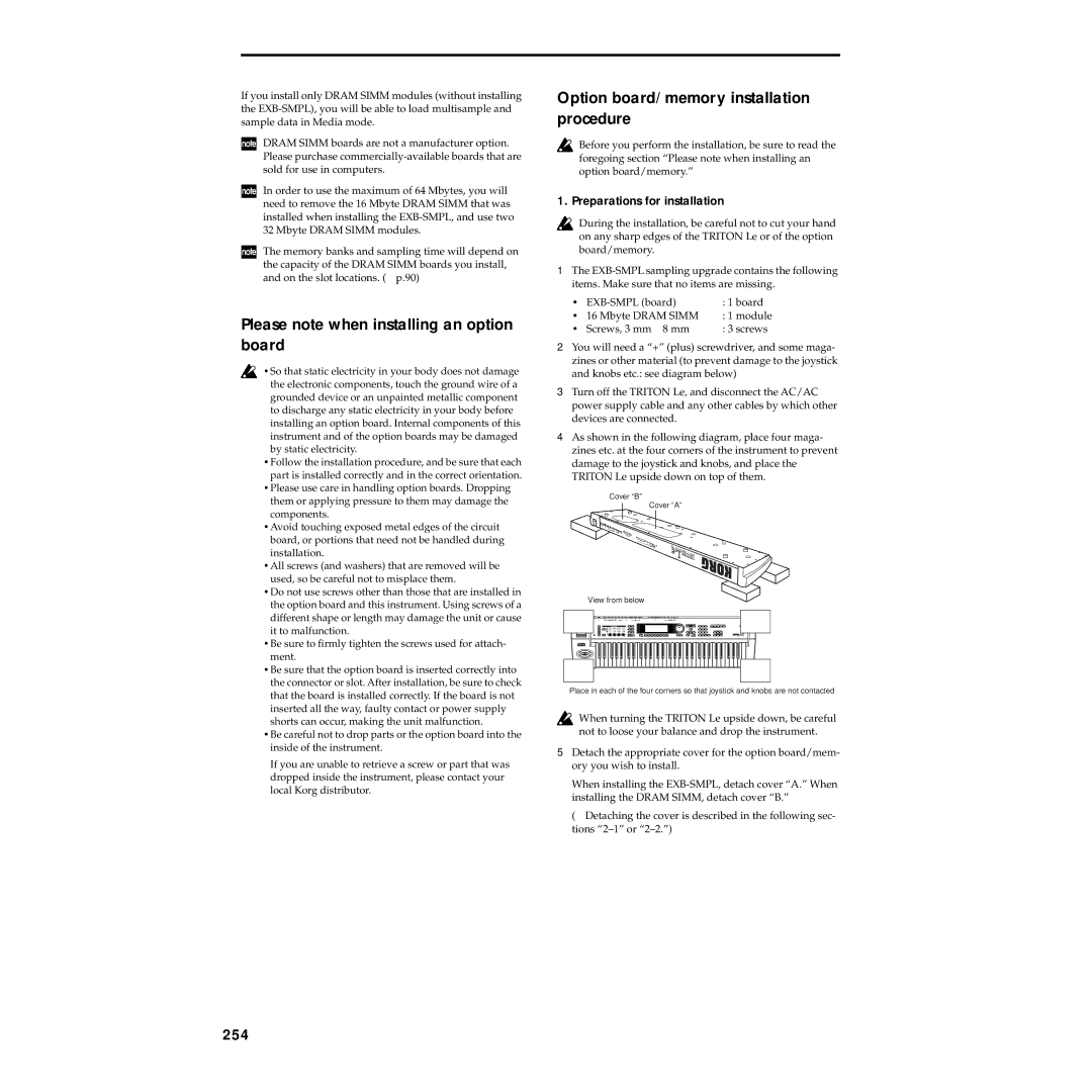 Korg Electric Keyboard manual Please note when installing an option board, Option board/memory installation procedure, 254 