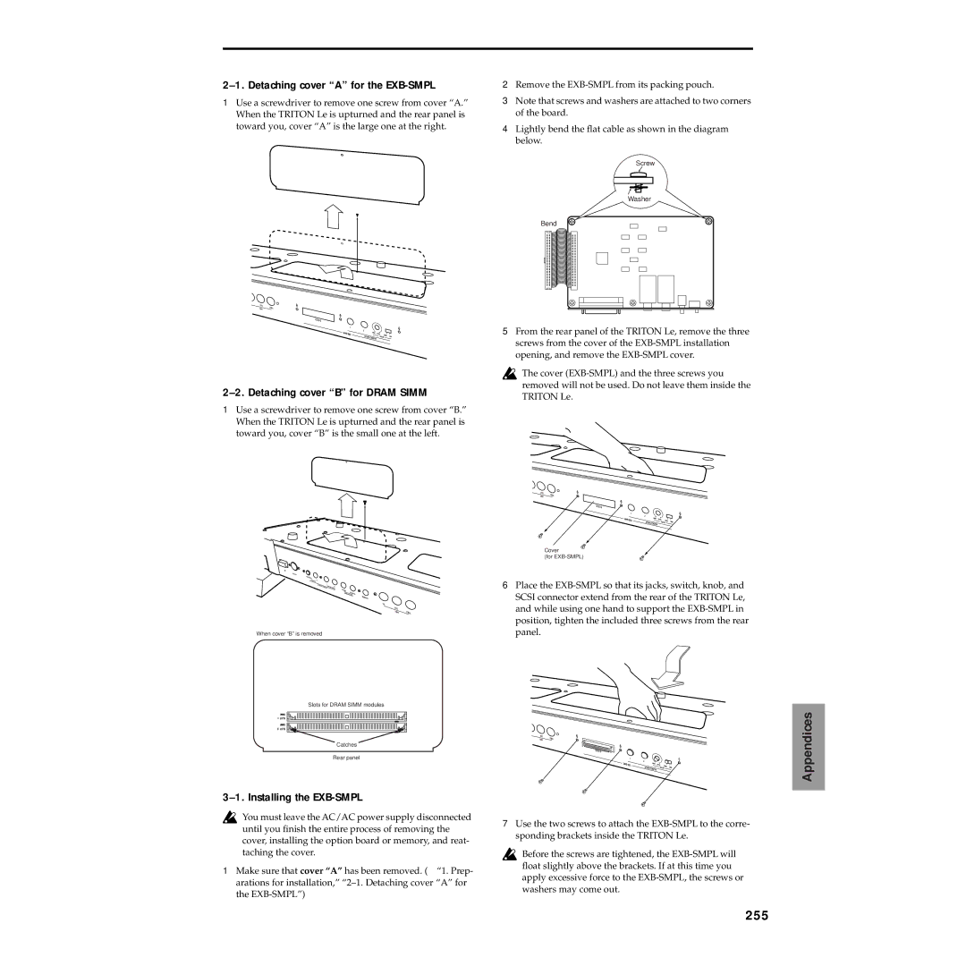 Korg Electric Keyboard 255, Detaching cover a for the EXB-SMPL, Detaching cover B for Dram Simm, Installing the EXB-SMPL 