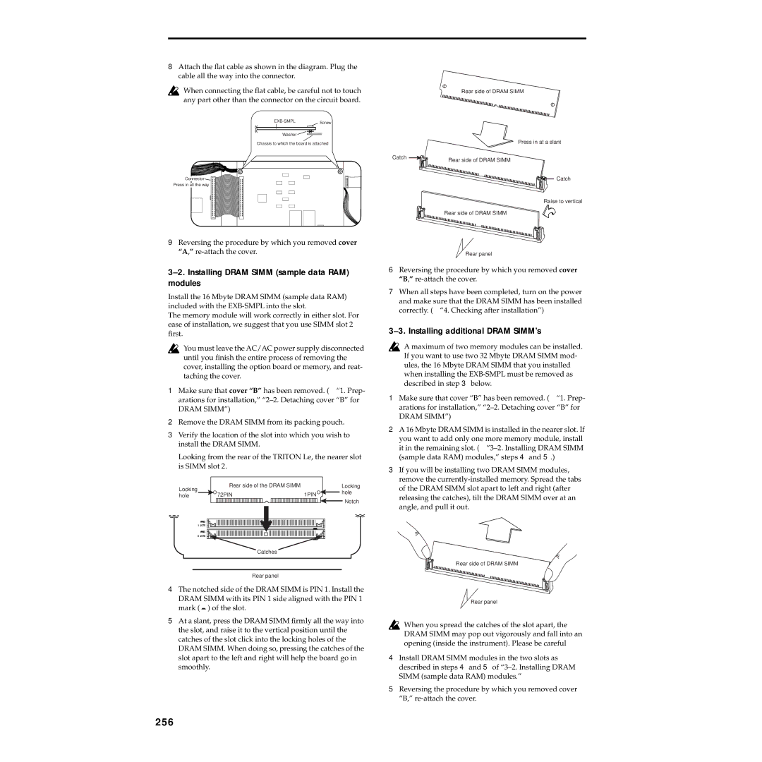 Korg Electric Keyboard manual 256, Installing Dram Simm sample data RAM modules, Installing additional Dram SIMM’s 