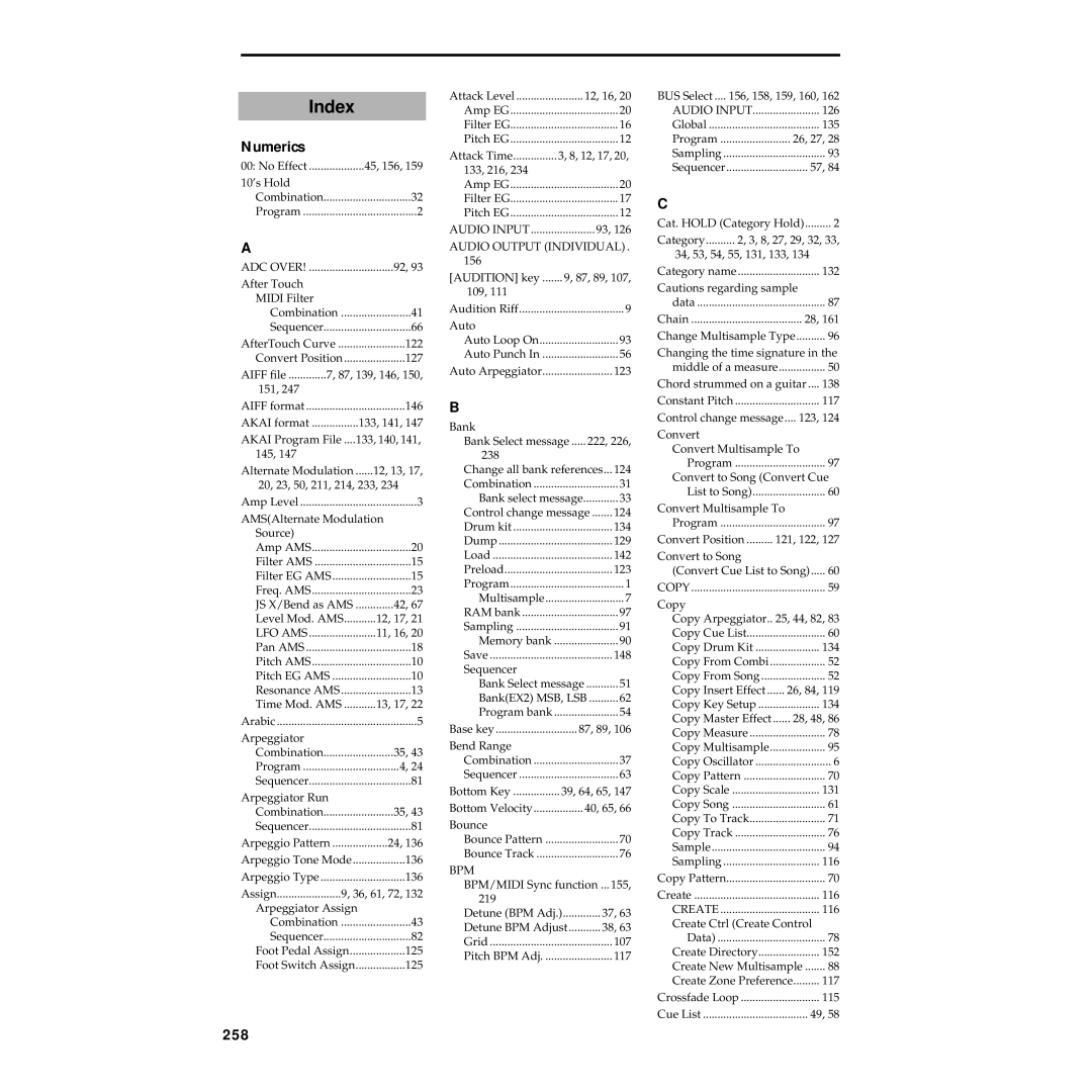 Korg Electric Keyboard manual Index, Numerics, 258 