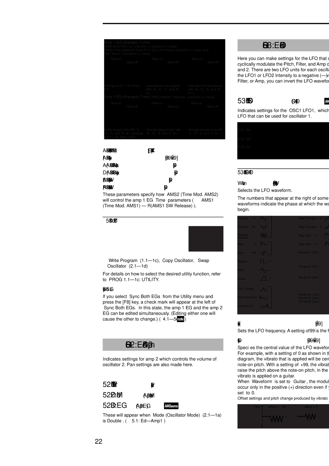 Korg Electric Keyboard manual Prog 5.3 Ed-LFOs, Prog 5.2 Ed-Amp2, 1 OS1LFO1 OSC1 LFO1, EG Amp2 EG 