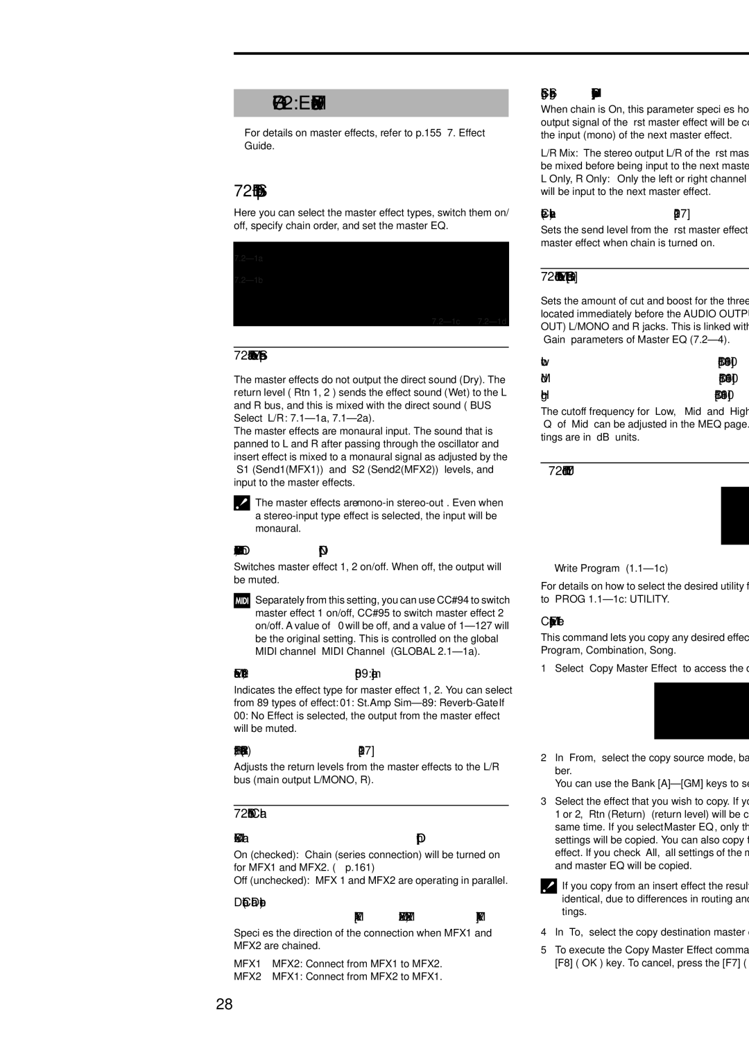 Korg Electric Keyboard manual Prog 7.2 Ed-MasterFX, 1a Master Effect Setup, 1b Chain, 1c Master EQ Gain dB 