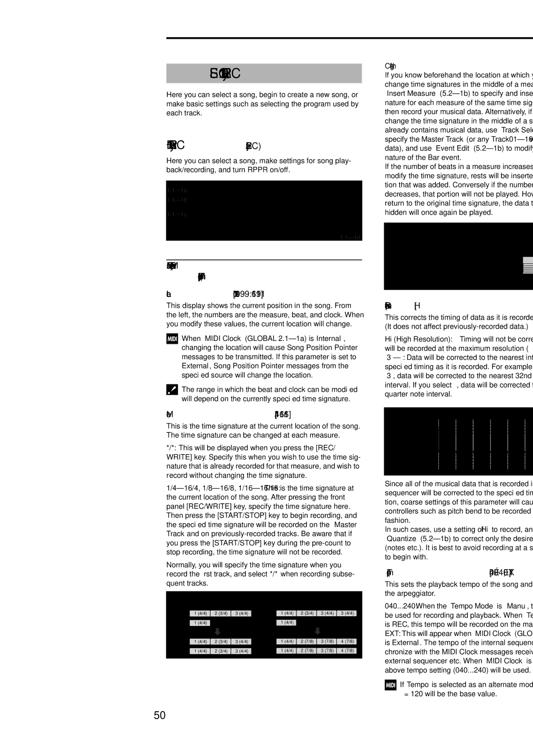 Korg Electric Keyboard manual SEQ 1.1 Play/REC, Play.REC Play/REC, 1a Location, Meter, Reso Resolution Tempo, Tempo Mode 