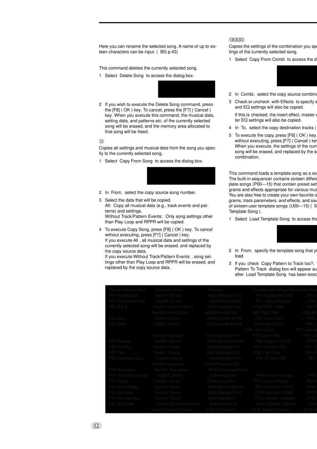 Korg Electric Keyboard Rename Song, Delete Song, Copy From Combi Copy From Combination, Copy From Song, Load Template Song 