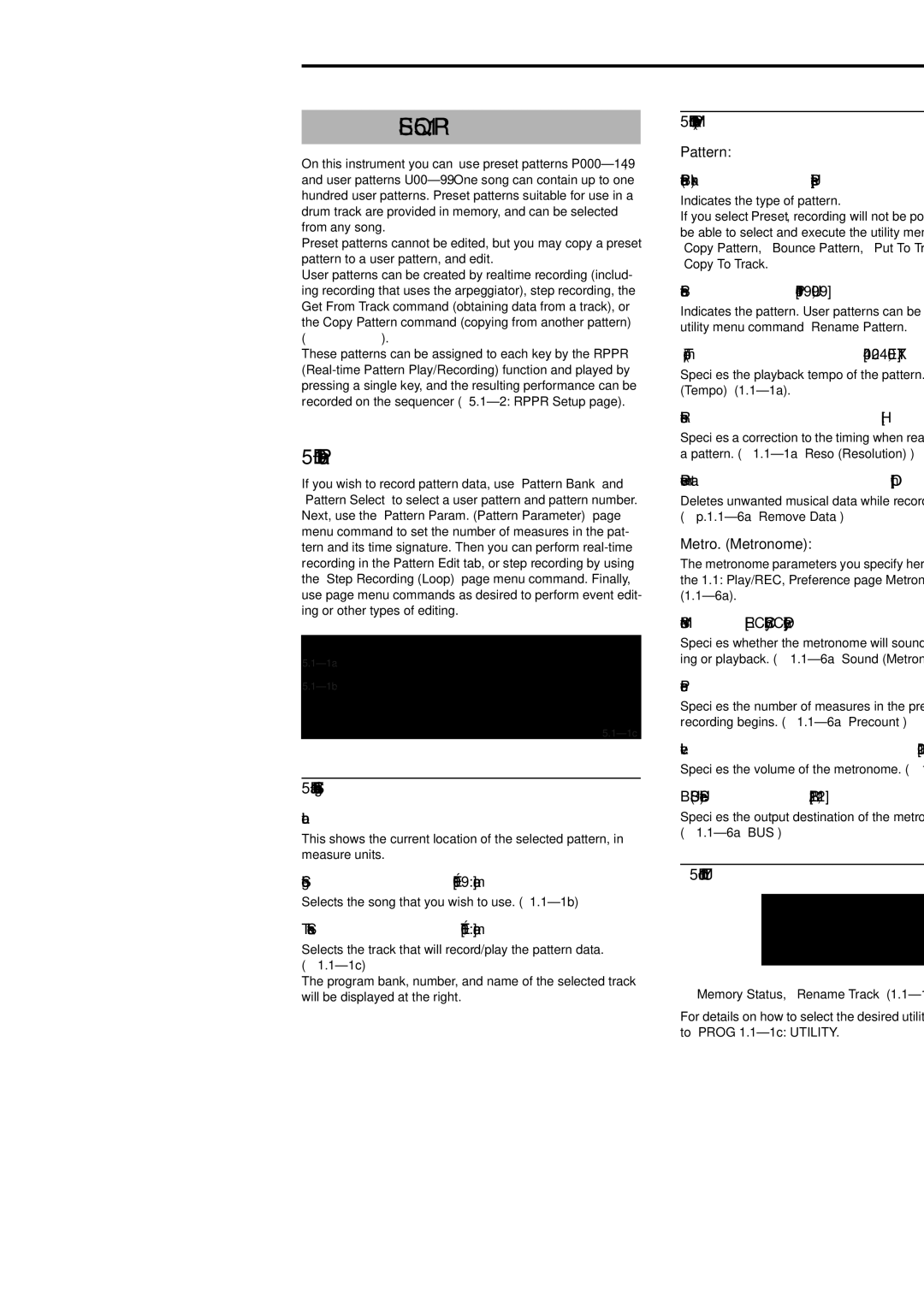 Korg Electric Keyboard manual 1a Location, Song Select, Track Select, 1b Pattern, Metro. Metronome 