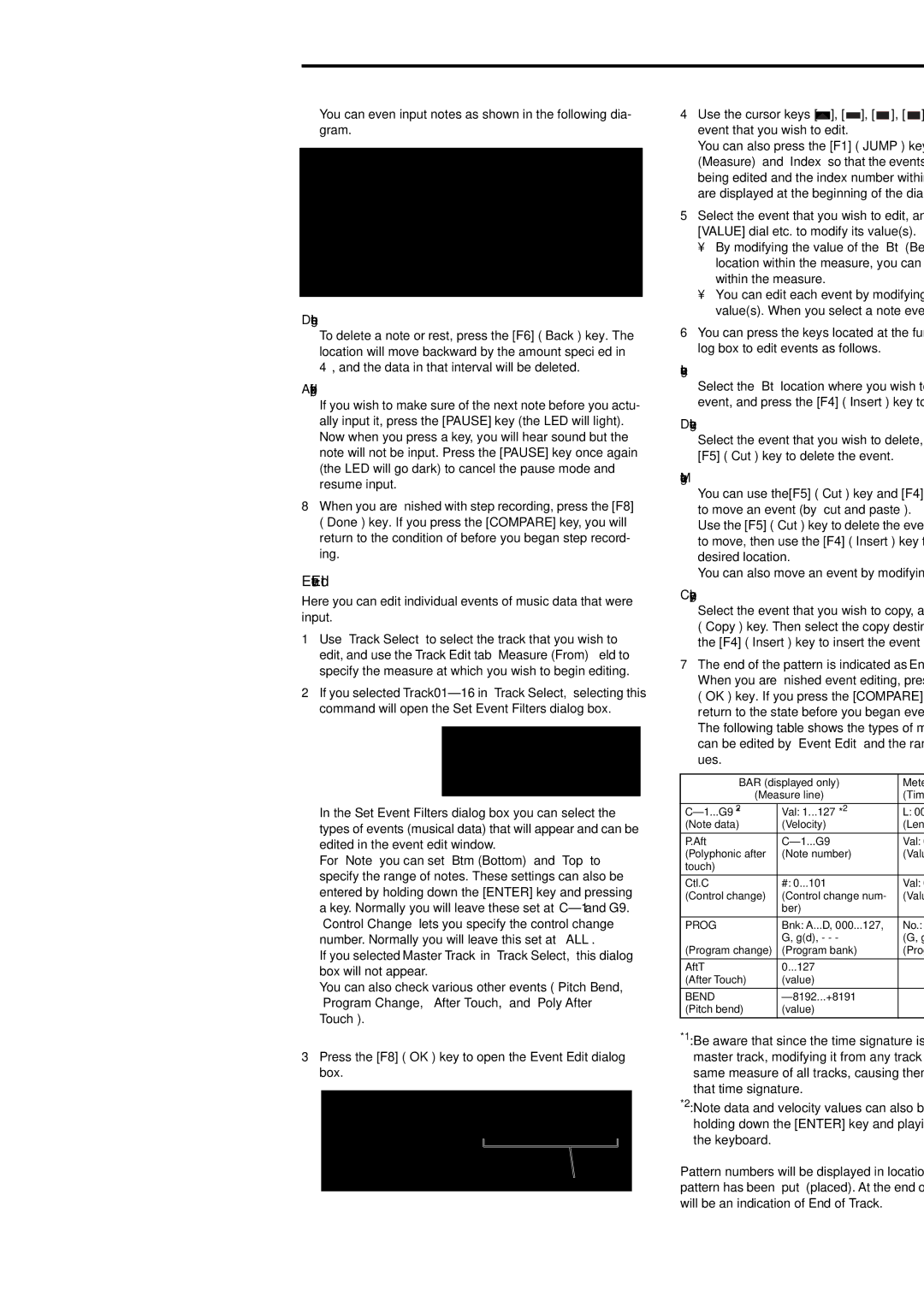 Korg Electric Keyboard manual Deleting a note or rest, Auditioning the next note before input, Inserting an event 