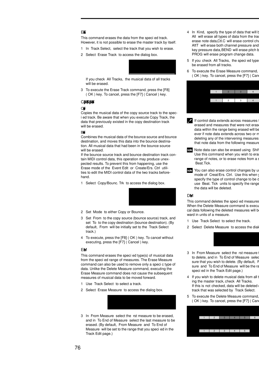 Korg Electric Keyboard manual Erase Track, Copy/Bounc. Trk Copy/Bounce Track, Erase Measure, Delete Measure 