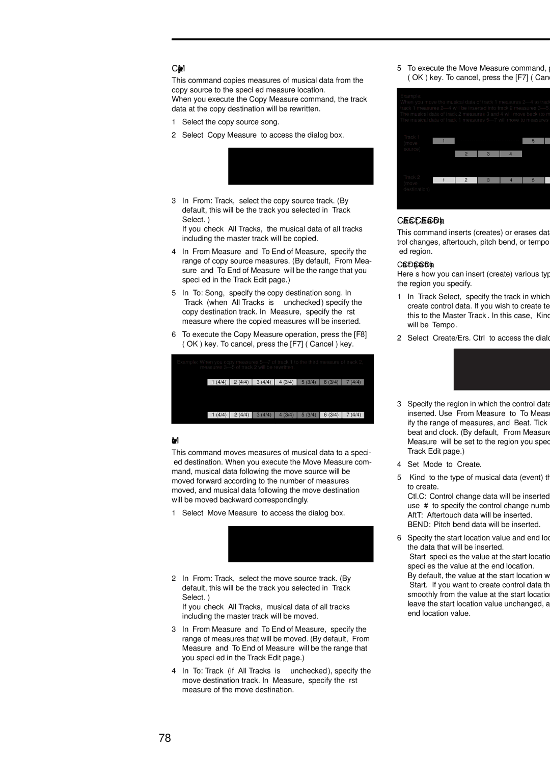 Korg Electric Keyboard manual Copy Measure, Move Measure, Create/Ers. Ctrl Create/Erase Control Data 