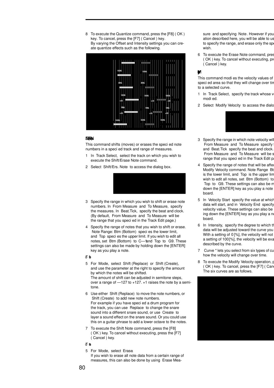 Korg Electric Keyboard manual Modify Velocity, Shift/Er. Note Shift/Erase Note, To shift notes, To erase notes 