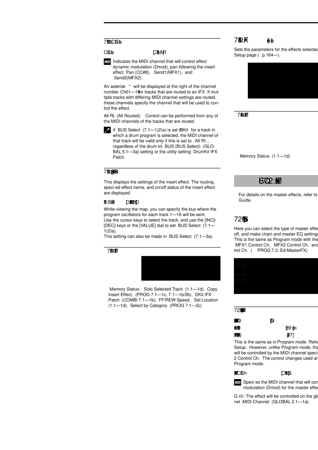 Korg Electric Keyboard manual SEQ 7.2 Master FX, 3b Control Channel, 3c Routing Map, BUS Select, 1a Master FX Setup 