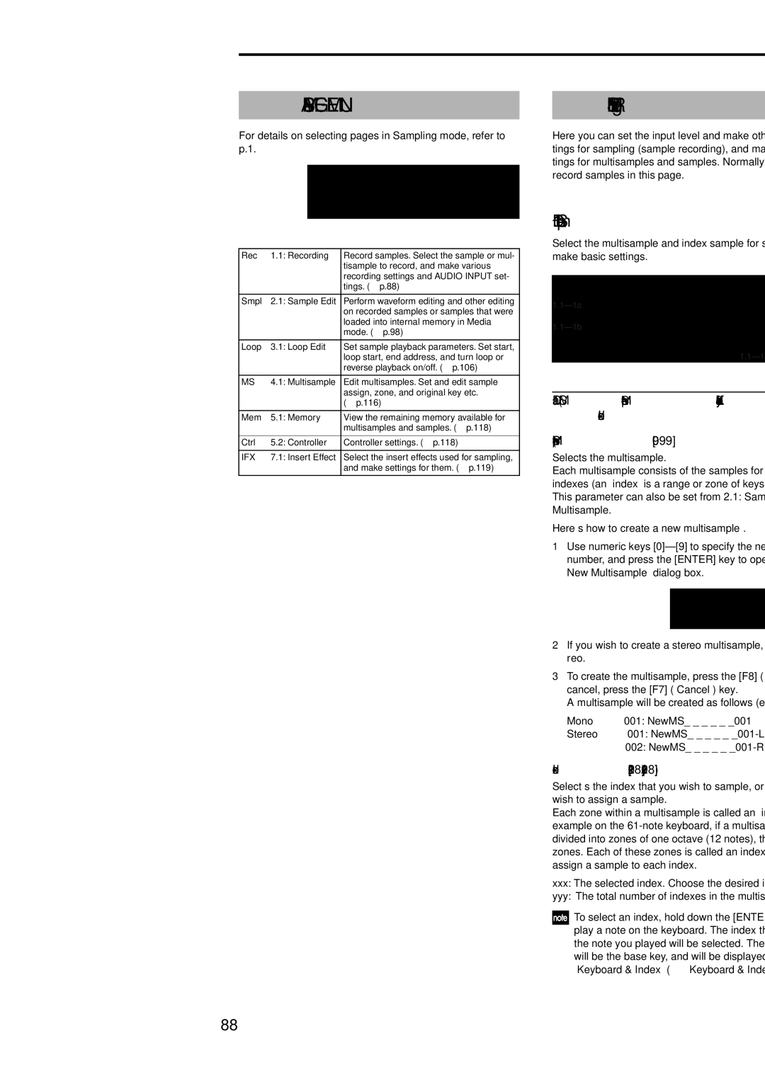 Korg Electric Keyboard manual Smpl 1.1 Recording, Sample, 1a MS Multisample Select, Index, Keyboard & Index 