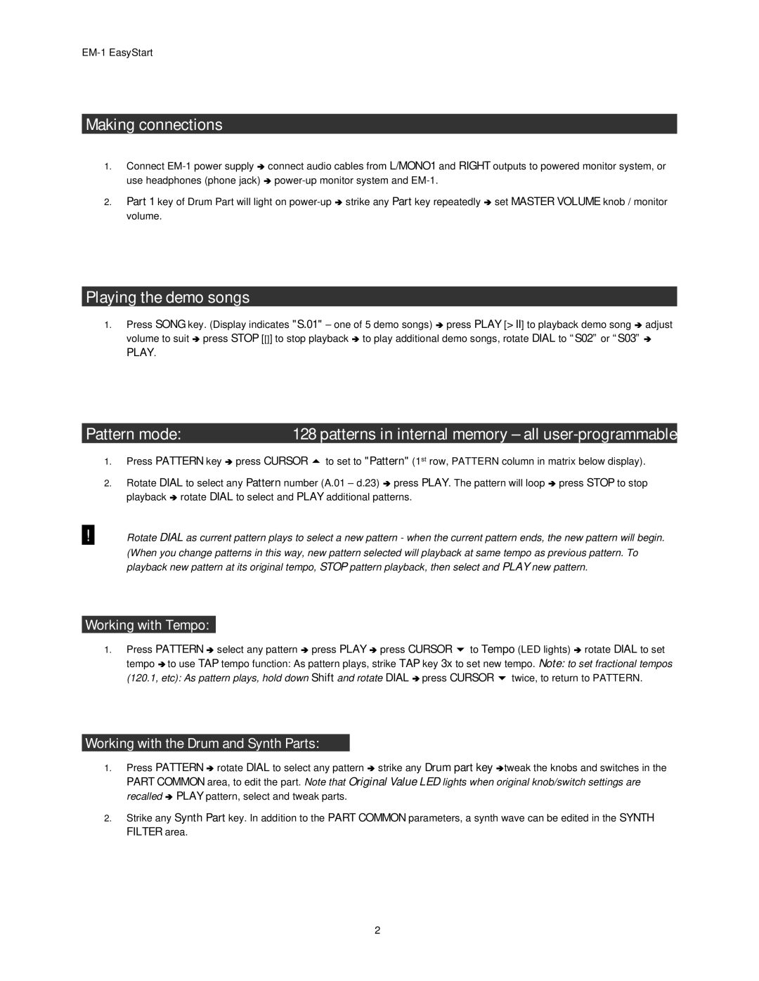 Korg EM-1 Making connections, Playing the demo songs, Pattern mode, Patterns in internal memory all user-programmable 