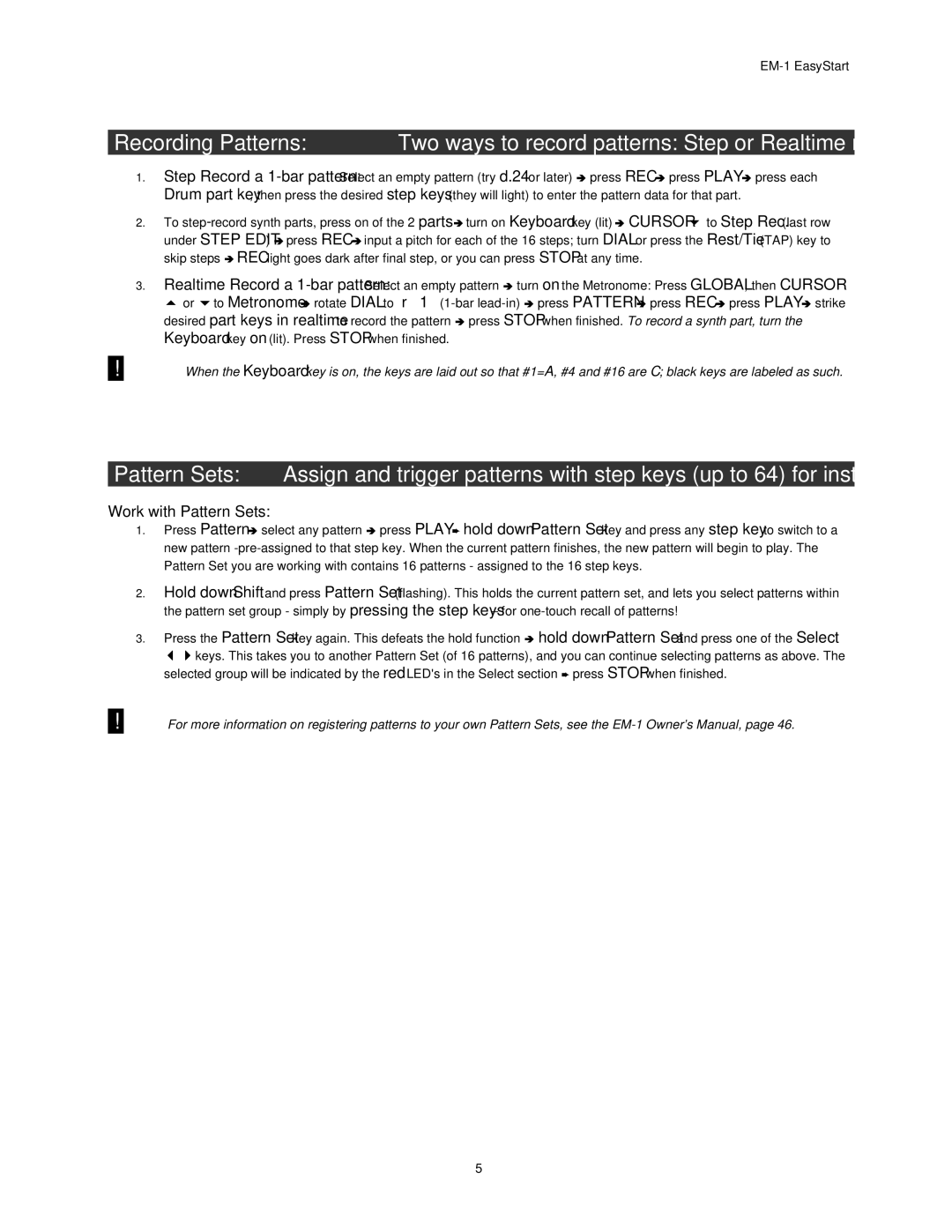 Korg EM-1 manual Recording Patterns, Two ways to record patterns Step or Realtime recording, Work with Pattern Sets 