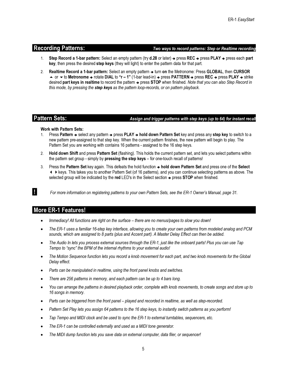 Korg manual Recording Patterns, More ER-1 Features, Work with Pattern Sets 