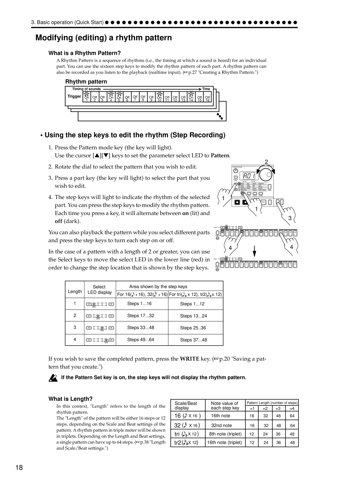 Korg ES-1 manual Modifying editing a rhythm pattern, Using the step keys to edit the rhythm Step Recording, Rhythm pattern 